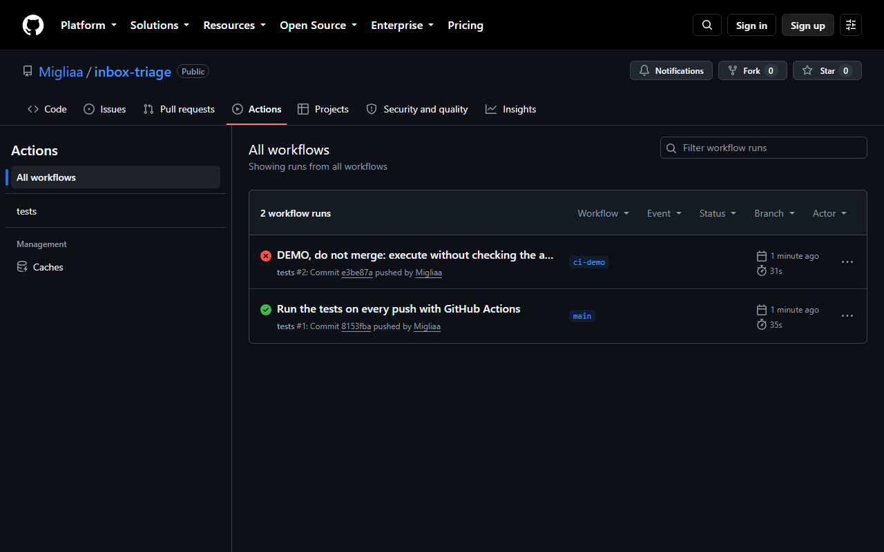 GitHub Actions: a green suite on main and a red trial branch after removing the approval check.