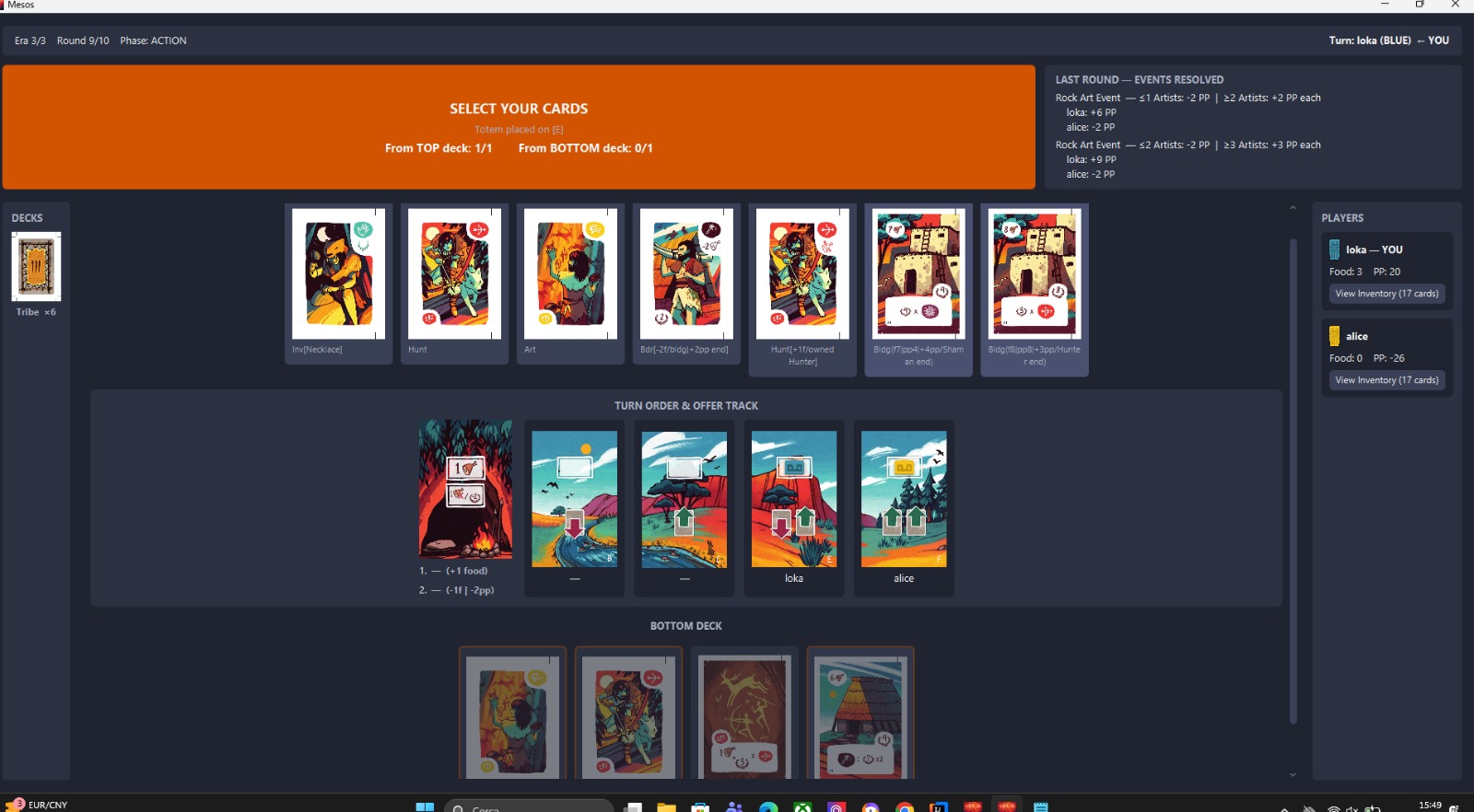 Screenshot of the online Mesos board game's GUI